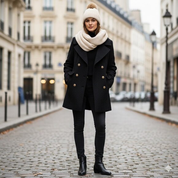 KARL LAGERFELD Navy Bouclé Wool Blend Peacoat w/Gold Hardware - Picture 2 of 7